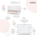 dadada Soho Baby Nursery Furniture Set. Baby Crib and Dresser Set Combo. Soho 3-in-1 Convertible Crib and 5 Drawer Nursery Dresser. White Beechwood