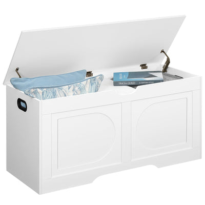 MAHANCRIS Storage Chest, 39.4” Toy Box, Entryway Storage Trunk, Shoe Bench with Storage, Engineered Wood Storage Cabinet with 2 Safety Hinges, Entrance Bench for Living Room, White SCWT2001