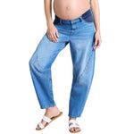 Motherhood Maternity Women's Under The Belly Elastic Waist Relaxed Barrel Leg Denim Pregnancy Jeans, Medium Wash, Large