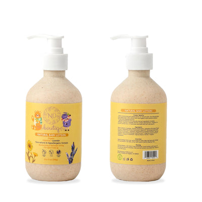 Two bottles of natural baby lotion with labels on a white background