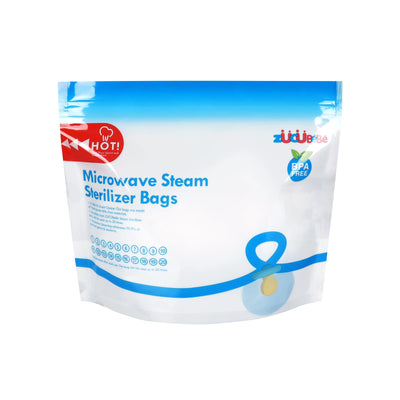 Package of microwave steam sterilizer bags with blue and white design on a white background