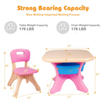 Costzon Kids Table and Chairs, 3 PCS Activity Desk Set w/ 4 Detachable Storage Bins for Indoor Outdoor Play Art Crafts Picnic Patio, Lightweight Toddler Table and Chair Set (Pink & Blue)