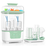Baby bottle sterilizer with various baby bottles and accessories on a white background