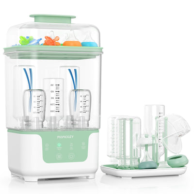 Baby bottle sterilizer with various baby bottles and accessories on a white background