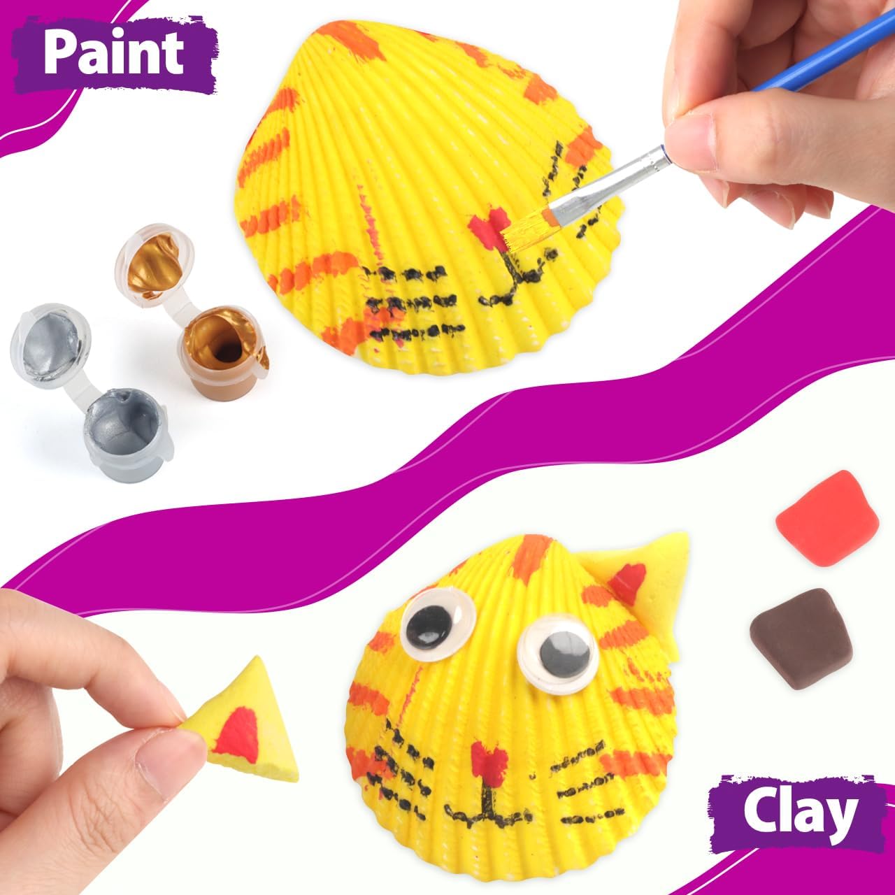 RMJOY Arts & Crafts Kit for Kids: Sea Shell Painting Kit Creativity Craft Kits with 12 Shells 6 Paint 6 Clay Suitable for Painting & DIY Molding Magic Clay Gifts Toys for Ages 3-12 Year Old Boys Girls