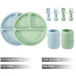 PandaEar Silicone Baby Feeding Set| 2 Pack Silicone Divided Suction Plate and 2 Pack Tiny Cup with 2 Spoons 2 Forks| Baby Led Weaning Supplies Self Feeding Eating Utensils (Blue/Green)