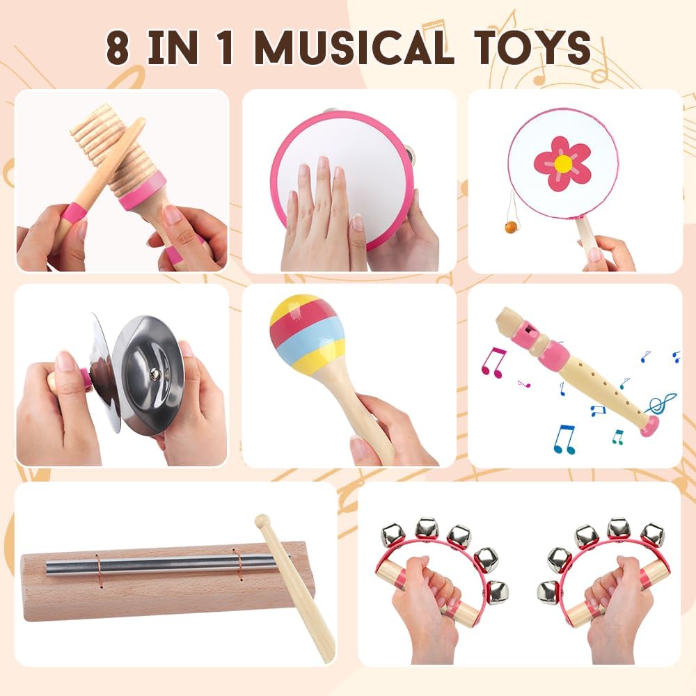 Toddlers Musical Instruments for 1 2 3 Year Old Girls,Baby Montessori Wooden Musical Toys for Toddlers 1-3 Year Old,Kids Musical Toy for Preschool,Christmas Birthday Gift for Baby Girls (Pink 8 in 1)