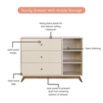 dadada Central Park 3-Drawer Dresser with Open Shelving - Modern Design, Baby-Safe Finish, Forged Steel Support, Sturdy Wood Legs, for Nursery, Kids or Teen Room, 47” Wide (Almond Milk+Walnut)