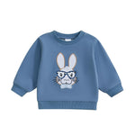 GINEVSAL Toddler Baby Girl Boy Easter Outfits Bunny Embroidery Round Neck Long Sleeve Sweatshirt Pullover Tops Fall Clothes (Blue, 6-12 Months)