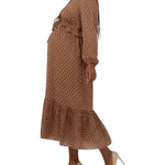 Motherhood Maternity Women's V-Neck Long Puff Sleeve Ruffle Midi Pregnancy Dress, Mocha/Vanilla Dot, Large