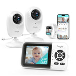 Simyke baby monitor system with two cameras, a display, and a smartphone app on a white background
