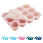 Pink silicone ice cube tray with multiple compartments on a white background