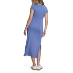 Motherhood Maternity Women's Short Sleeve Crew Neck Side Tie Detail Midi Casual Pregnancy Dress, Moonlight Blue, Large