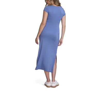 Motherhood Maternity Women's Short Sleeve Crew Neck Side Tie Detail Midi Casual Pregnancy Dress, Moonlight Blue, Large