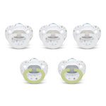 Set of five baby pacifiers with different designs on a white background