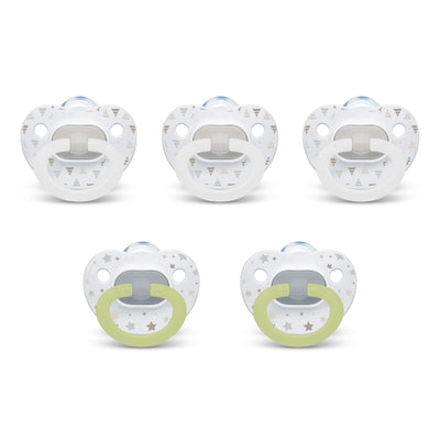 Set of five baby pacifiers with different designs on a white background