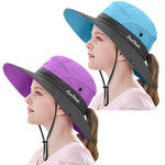 2 Pieces 5-14Y Kids Summer Sun Hat Wide Brim UV Protection for Girls Ponytail Beach Bucket Cap (Purple＆Sky Blue)
