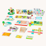 Educational toys and materials on a white background