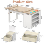 3 in 1 Kids Art Table and Chair Set, Art Desk & Easel w/ Storage Shelves, Drawers, Paint Cups, Paper Roll, Toddler Table and Chair Set w/ Bench & 2 Chairs for Draw, Write, Play, Crafts (Light Walnut)