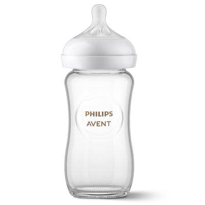 Clear baby bottle with white cap and 'Philips Avent' branding on a white background