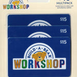 Build-A-Bear Workshop gift card multipack with three $15 cards on a beige background