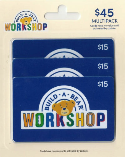 Build-A-Bear Workshop gift card multipack with three $15 cards on a beige background