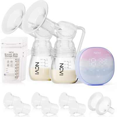 Nevi breast pump set with bottles and storage bags on a white background