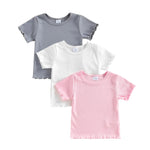3 Pack Kids & Toddler Baby Unisex Puff Sleeve Shirt, Girl Boy Crewneck Cotton T Shirt, Pure Color Basic Tees 6M-5Y (Pink/White/Grey, 6-12 Months)