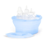 Blue silicone bottle holder with three clear bottles on a white background