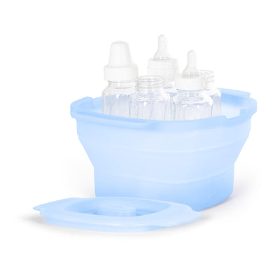 Blue silicone bottle holder with three clear bottles on a white background