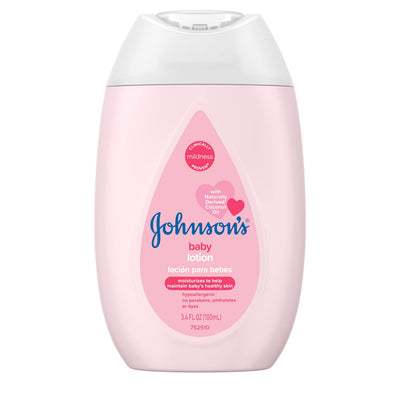Johnson's baby lotion bottle with pink label on a white background