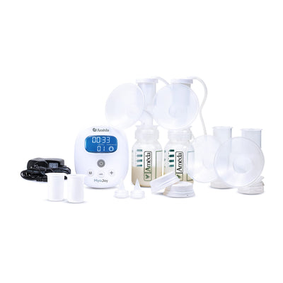Breast pump set with digital display and bottles on a white background