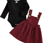 Newborn Baby Girl Outfits Ruffle Long Sleeve Ribbed Romper Corduroy Suspender Skirt Overall Dress Fall Clothes
