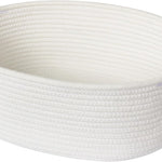 Baskets for Gifts Empty, Small Woven Cotton Rope Gift Basket for Organizing, Cute Cat Dog Toy Bin Box, Baby Nursery Storage Organizer, White Storage Bin with Brown Handles, 13" x 9" x 5"