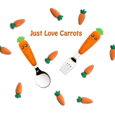 Carrot-themed spoon and fork set with decorative carrots on a white background
