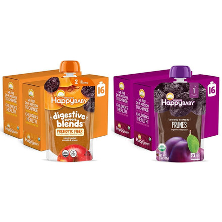 HappyBaby digestive support blends packaging on a white background