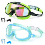 Seago Swim Goggles 2 Pack Anti-Fog Anti-UV Wide View UV Protection, Adjustable Swimming Goggles for Kids 3-15, Light Blue & Black, Green