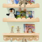 icnjdMopclean Nursery Shelves for Wall with Hooks-Scalloped Wall Book Shelves for Bedroom Kids Set of 3, Nursery Furniture Must Have, 16 Inch, Natural