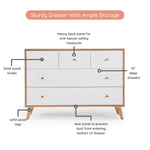 dadada Austin 5-Drawer Dresser for Nursery and Bedroom - Modern Design, Large Storage, Baby-Safe Finish, Anti-Tip Safety, Solid Wood Feet, Durable Construction (White + Red Oak)
