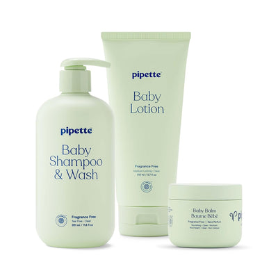 Pipette baby care products including shampoo & wash, lotion, and balm on a white background