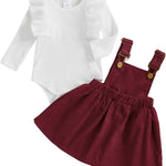 Newborn Baby Girl Outfits Ruffle Long Sleeve Ribbed Romper Corduroy Suspender Skirt Overall Dress Fall Clothes