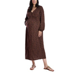 Motherhood Maternity Women’s Long Sleeve Button Front Midi Pregnancy Dress, Brown Animal, Large