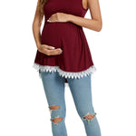 Xpenyo Womens Maternity Tank Top Sleeveless Lace Crochet Trim Peplum Cami Shirts Wine Red XL