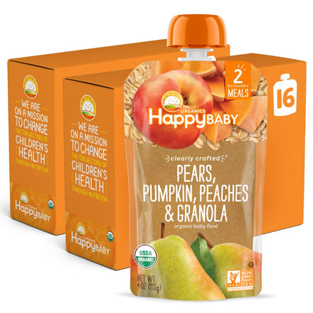 Happy Baby organic baby food package with pears, pumpkin, peaches, and granola on a white background