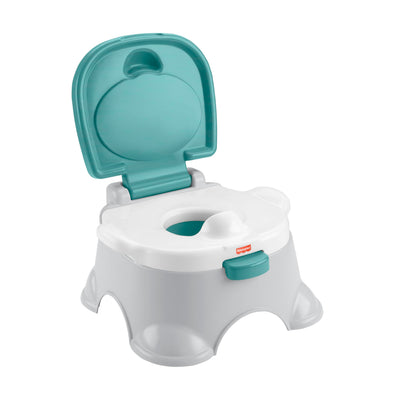 Children's potty seat with teal lid and base on a white background