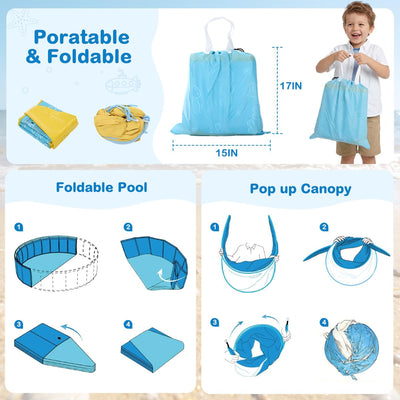 Binecer Foldable Kiddie Pool with Canopy, 47IN Portable Hard Plastic Kids Baby Swimming Pool, Sunshade & Non-Slip Beach Tent for Kids Ages 2-6, Outdoor Backyard Graden Water Play