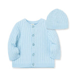 Little Me Clothes for Baby Boys’ and Girls’ Sweater and Cap Set, Soft Cable Knit Cotton Outfit with Pearlized Buttons, Baby Essentials, Light Blue, 9 Months