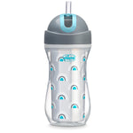 Clear water bottle with gray lid and blue accents on a white background