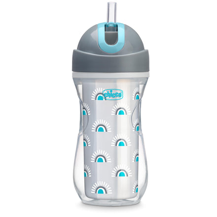 Clear water bottle with gray lid and blue accents on a white background