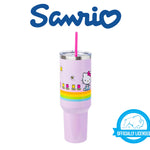 Silver Buffalo Sanrio Hello Kitty Spring and Summer Flowers Rainbow Stripes Stainless Steel Tumbler with Handle and Straw, Fits in Standard Cup Holder, 40 Ounces